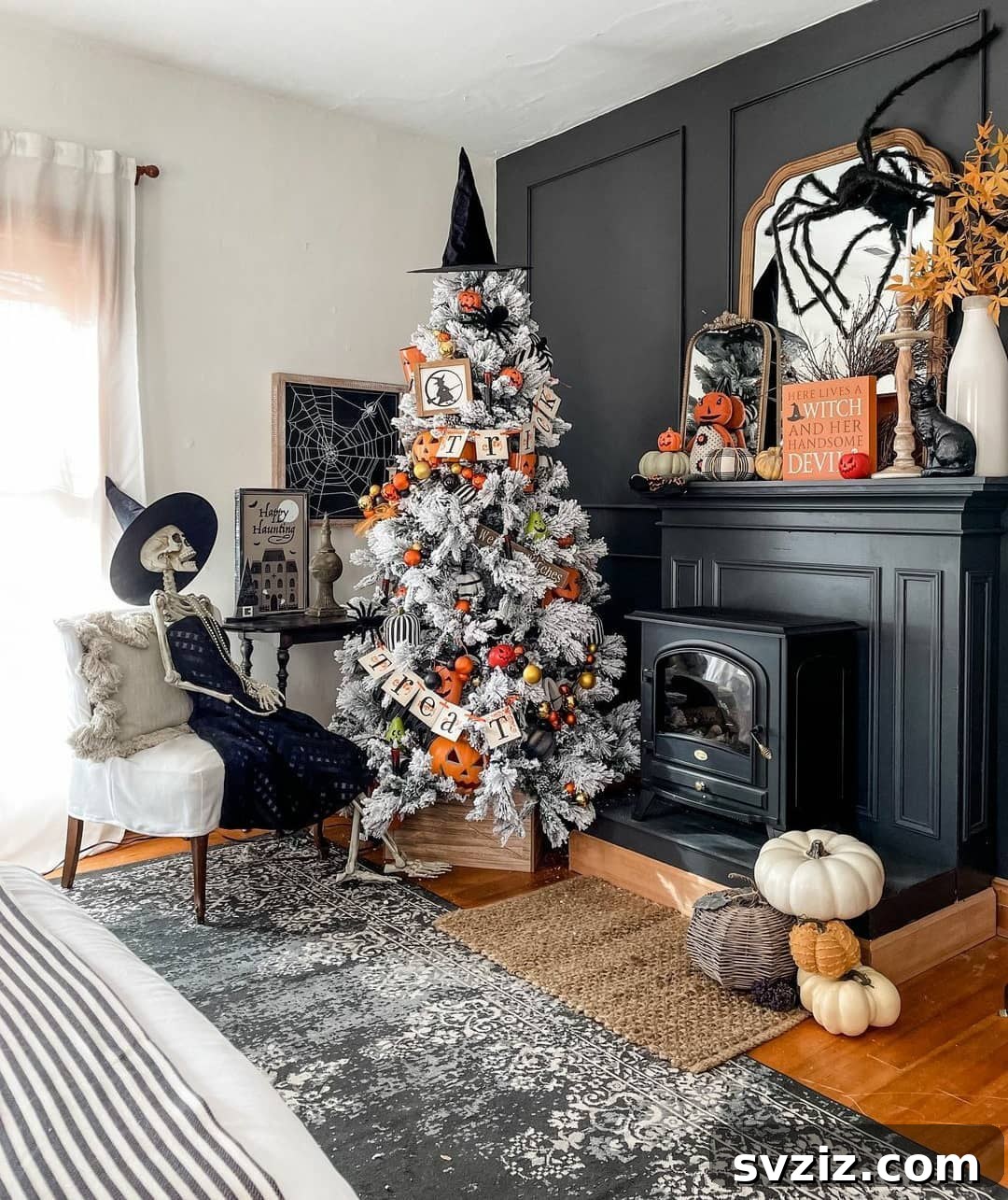 Spine-Chilling Interiors: 31 Scary Halloween Decor Ideas 23 Witch Tree and Skeleton