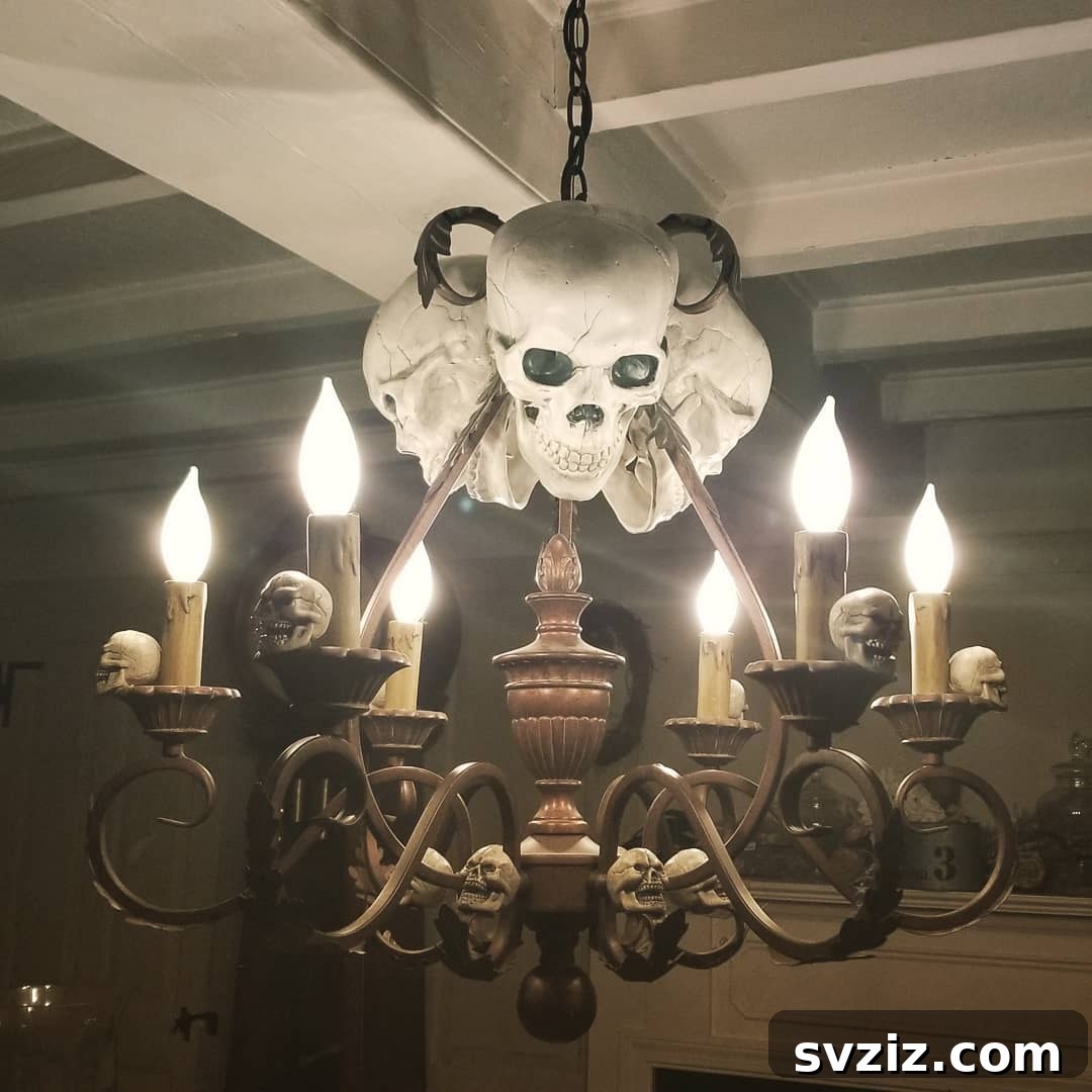 Spine-Chilling Interiors: 31 Scary Halloween Decor Ideas 28 Skull Chandelier