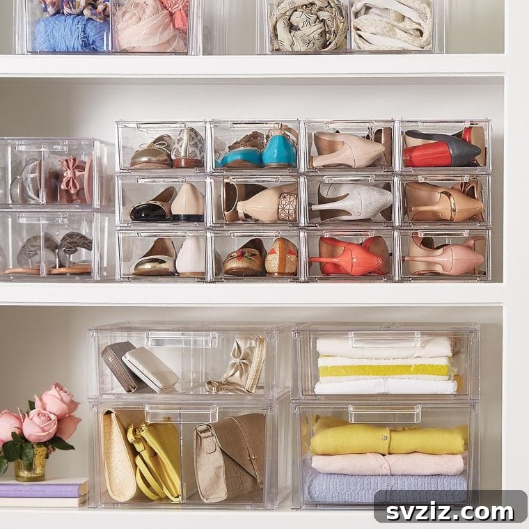 Clear stackable shoe boxes for easy shoe visibility