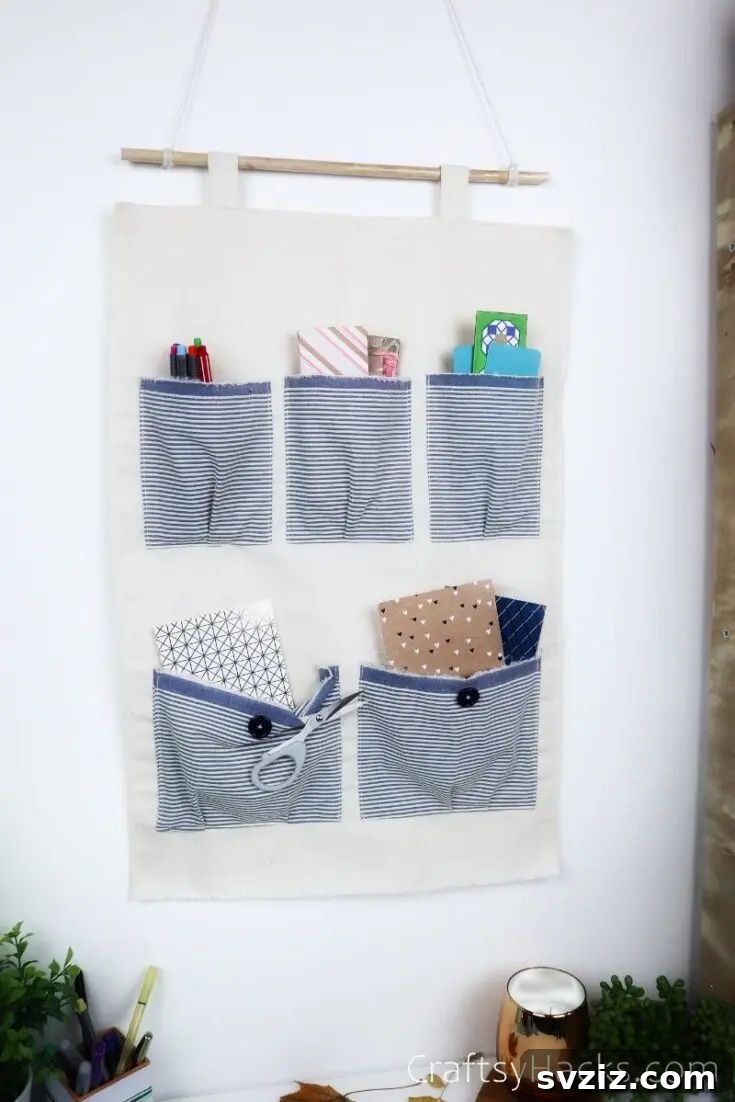 DIY hanging wall organizer with pockets for various rooms