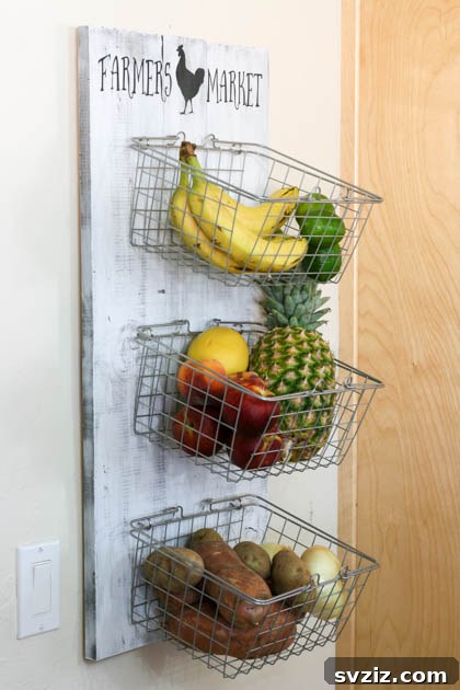 DIY wall-mounted wire basket produce rack for kitchen or pantry