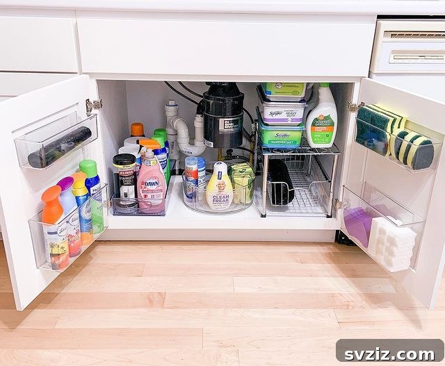 Under-sink caddy organization with drawers and door pockets