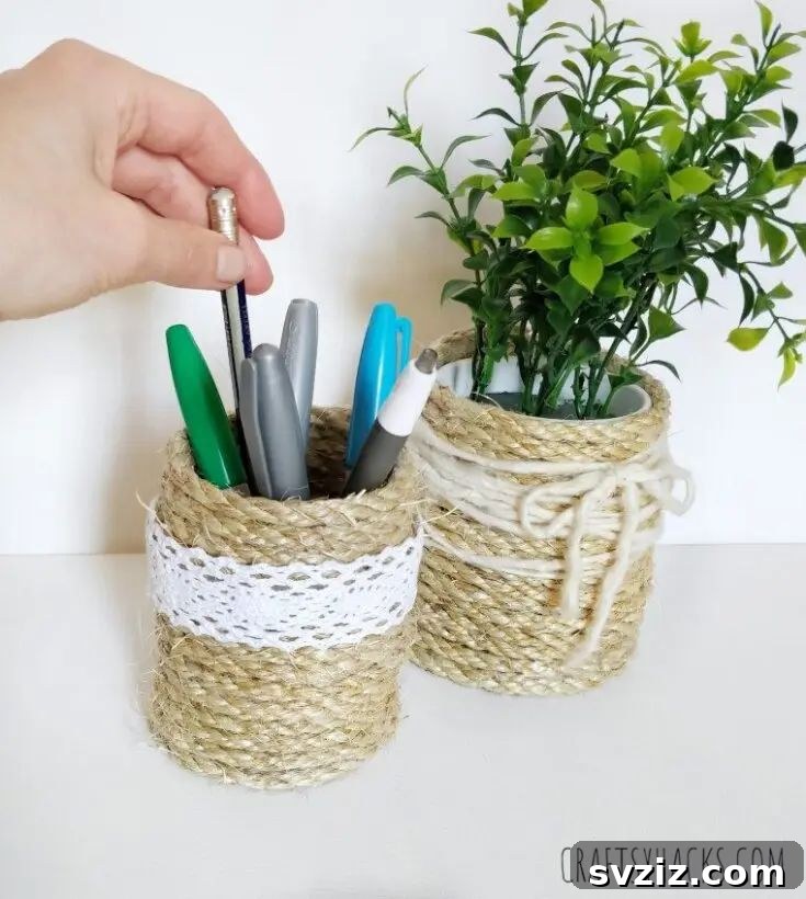 DIY rope desk organizer with jute lace and lace trimming