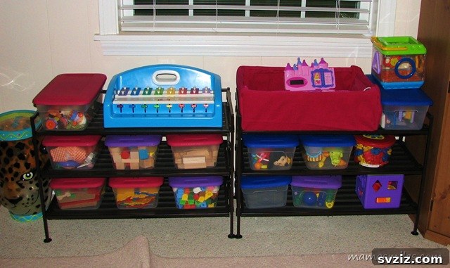 Three-tier rack with plastic bins for kids' toy storage
