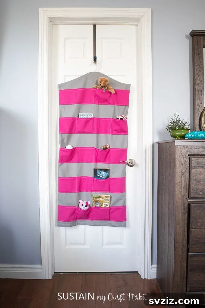 DIY hanging toy storage over a door for kids' room organization