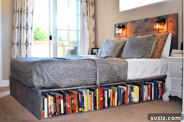 Bed with integrated bookshelf storage