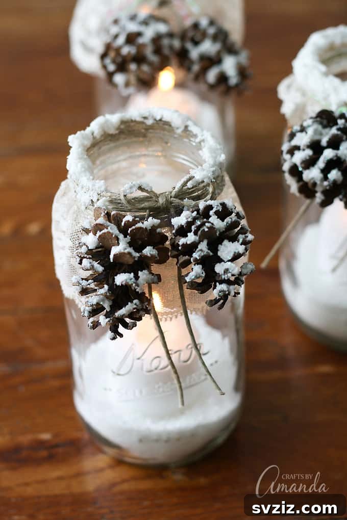Delightful Pinecone Holiday Projects 15 Rustic snowy pinecone candle jars as luminaries