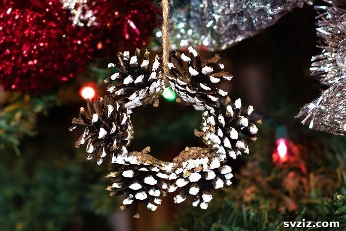 Delightful Pinecone Holiday Projects 5 DIY mini pinecone wreath ornaments with snowy effect