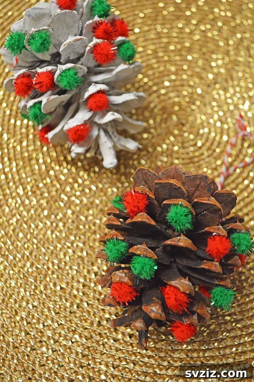 Delightful Pinecone Holiday Projects 8 Colorful pom pom pinecone Christmas ornaments