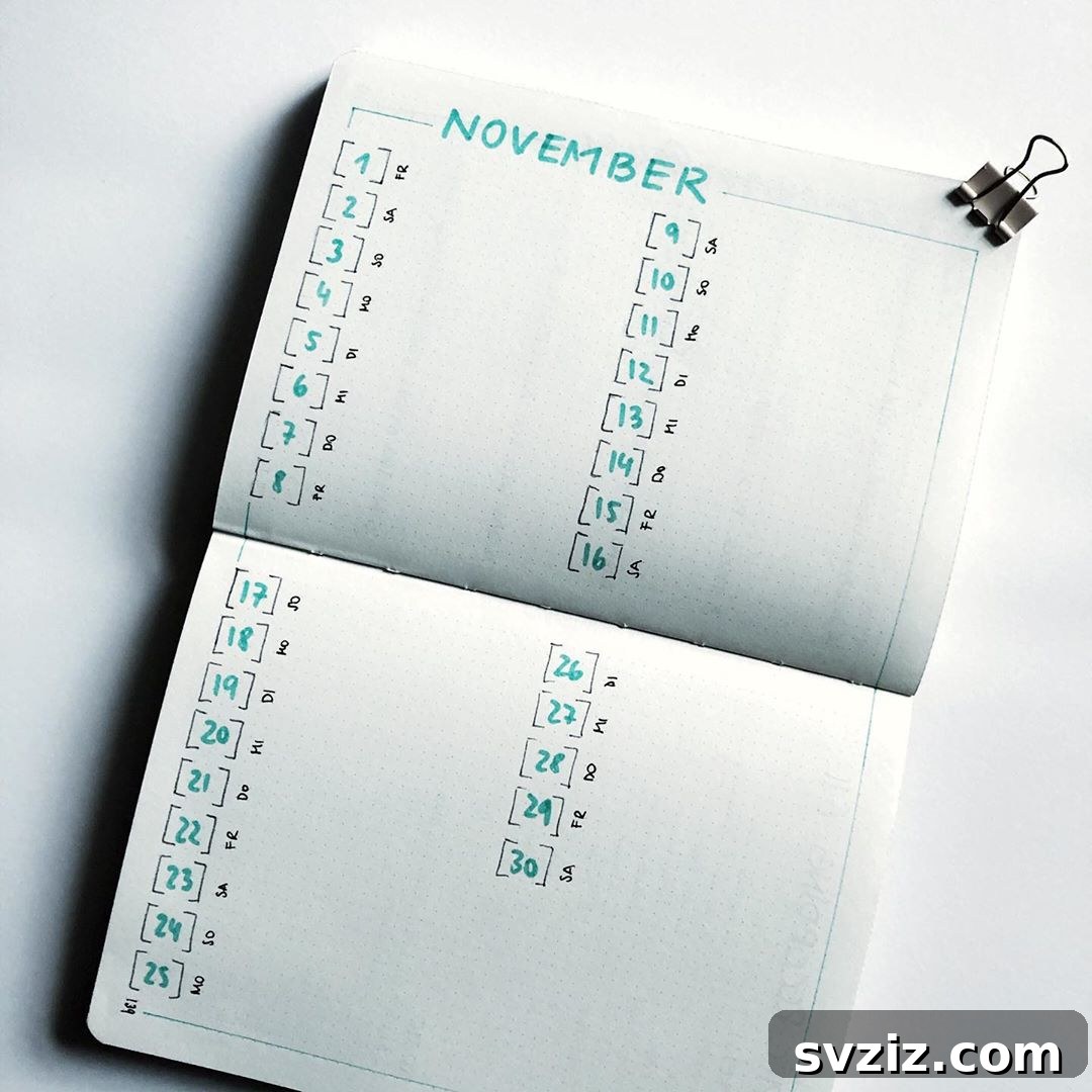 Very vertical bullet journal layout for more writing space
