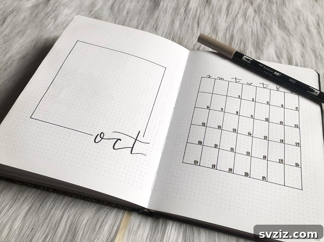 Clean calendar minimalist bullet journal monthly layout