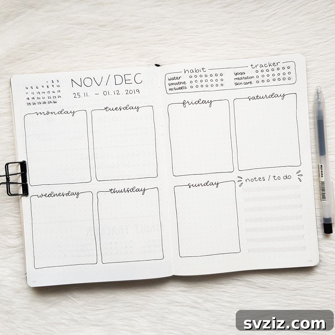 Simple blocks bullet journal layout for weekly planning