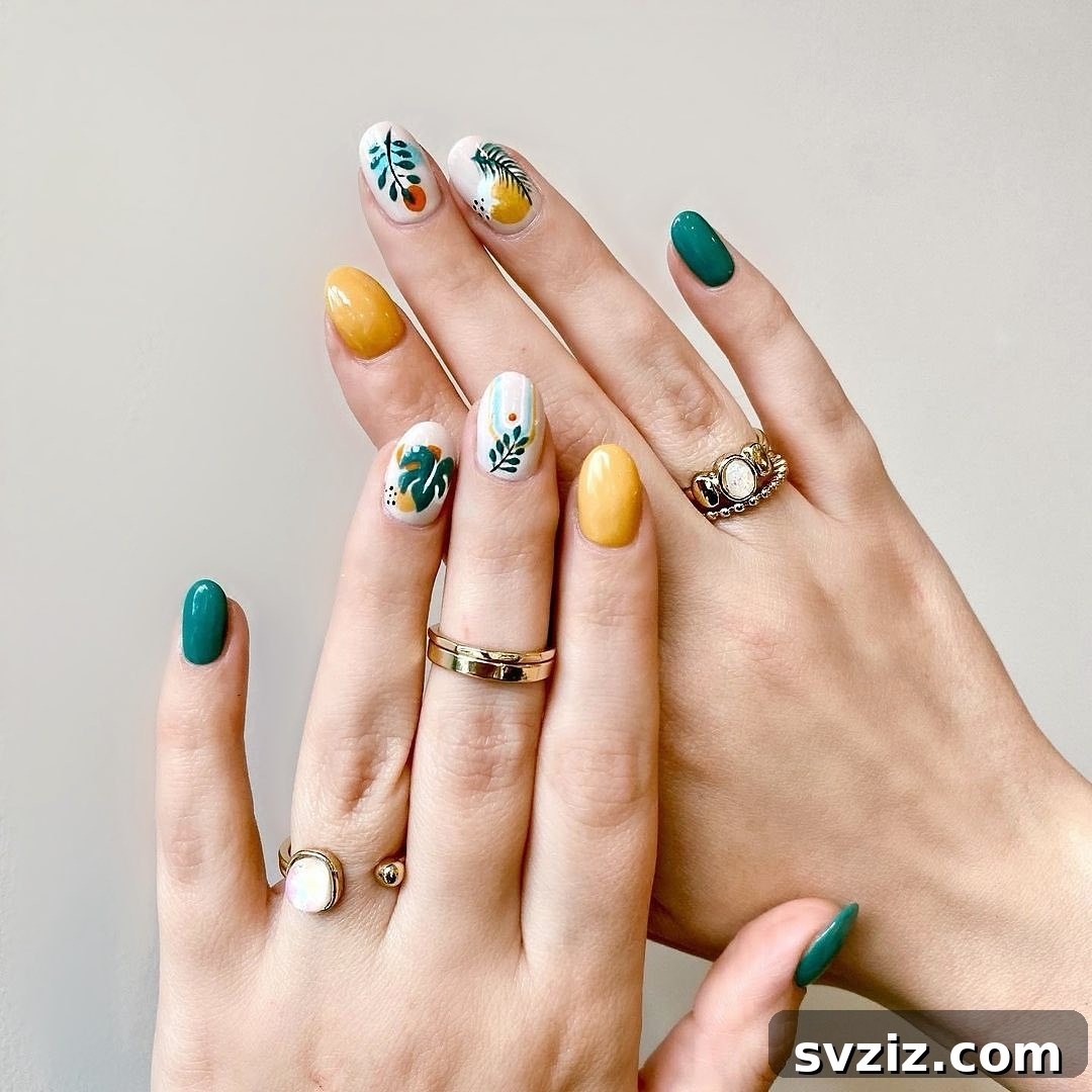 Plant-themed nail art with green, yellow, and white on short nails