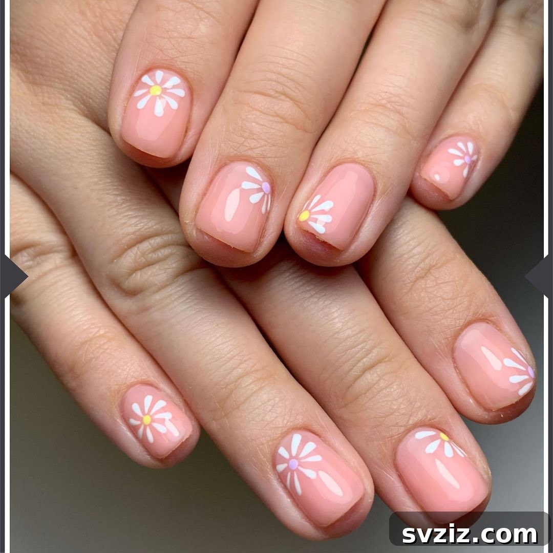 Simple spring floral nail art on short nails for young girls