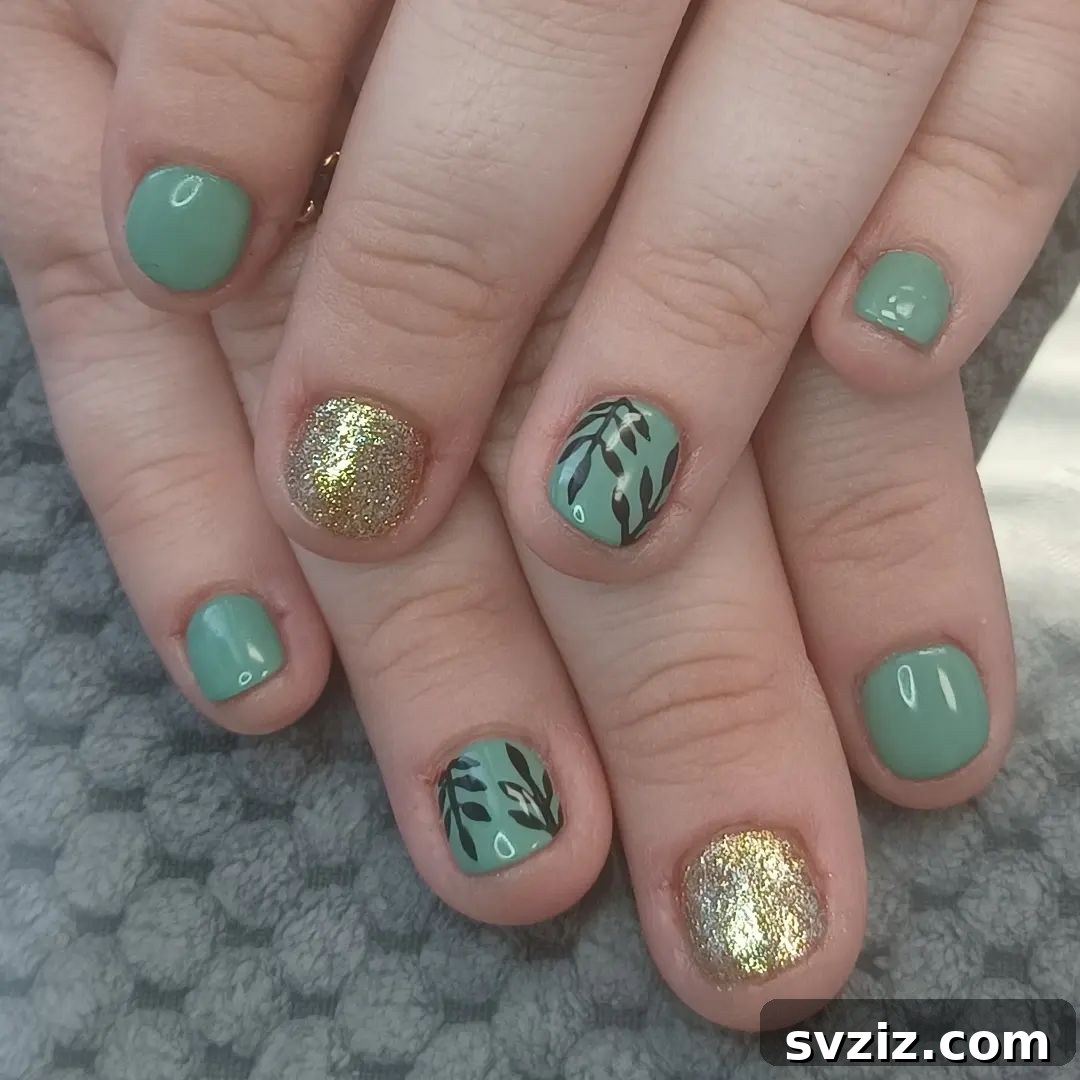 Green and gold nail art with fern accents on short nails