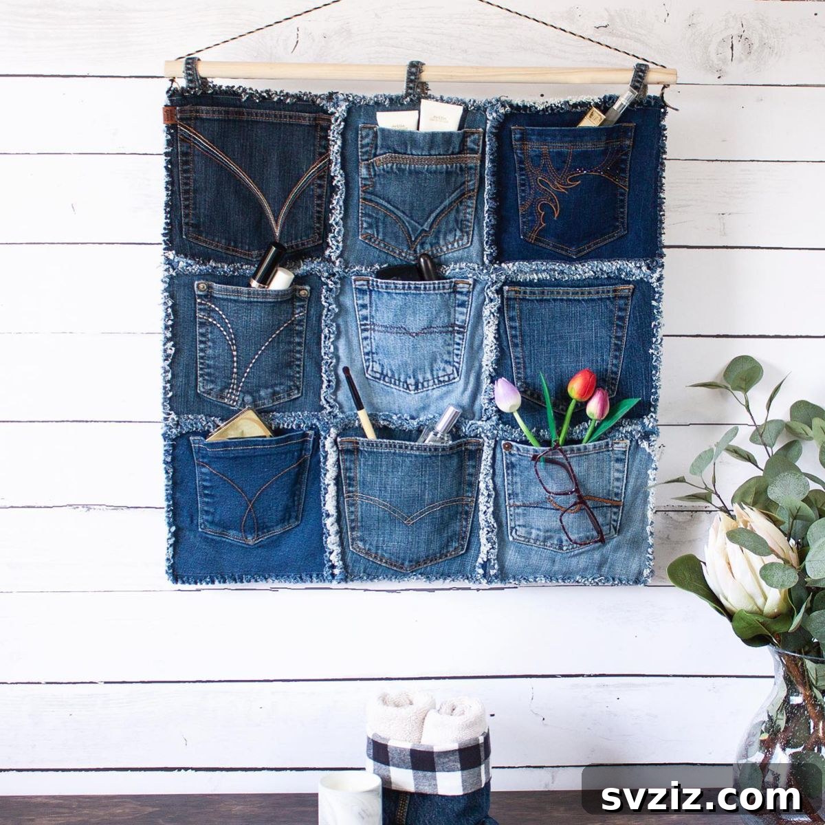 17 Ingenious Hanging Organizers to Maximize Vertical Space 16 DIY denim pocket wall organizer