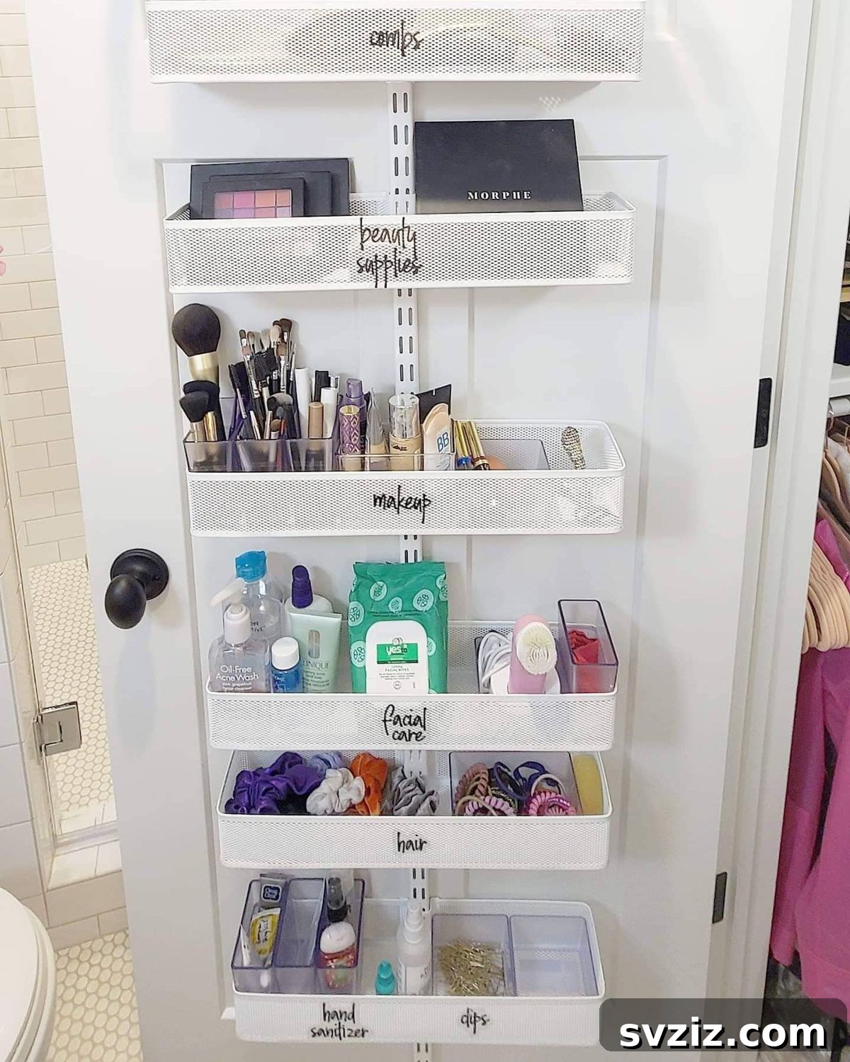 17 Ingenious Hanging Organizers to Maximize Vertical Space 10 Labeled bathroom door shelves for organization