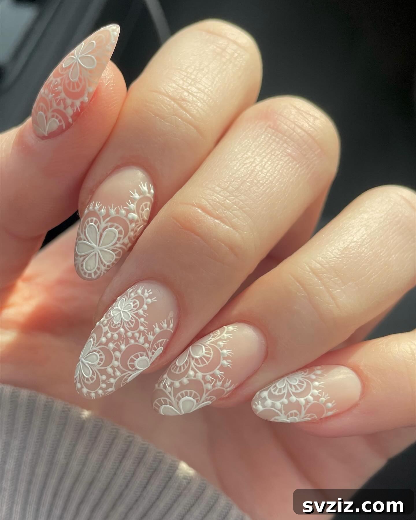 Stunning Bridal Nail Art Inspiration 14 Delicate lace pattern wedding nails in white
