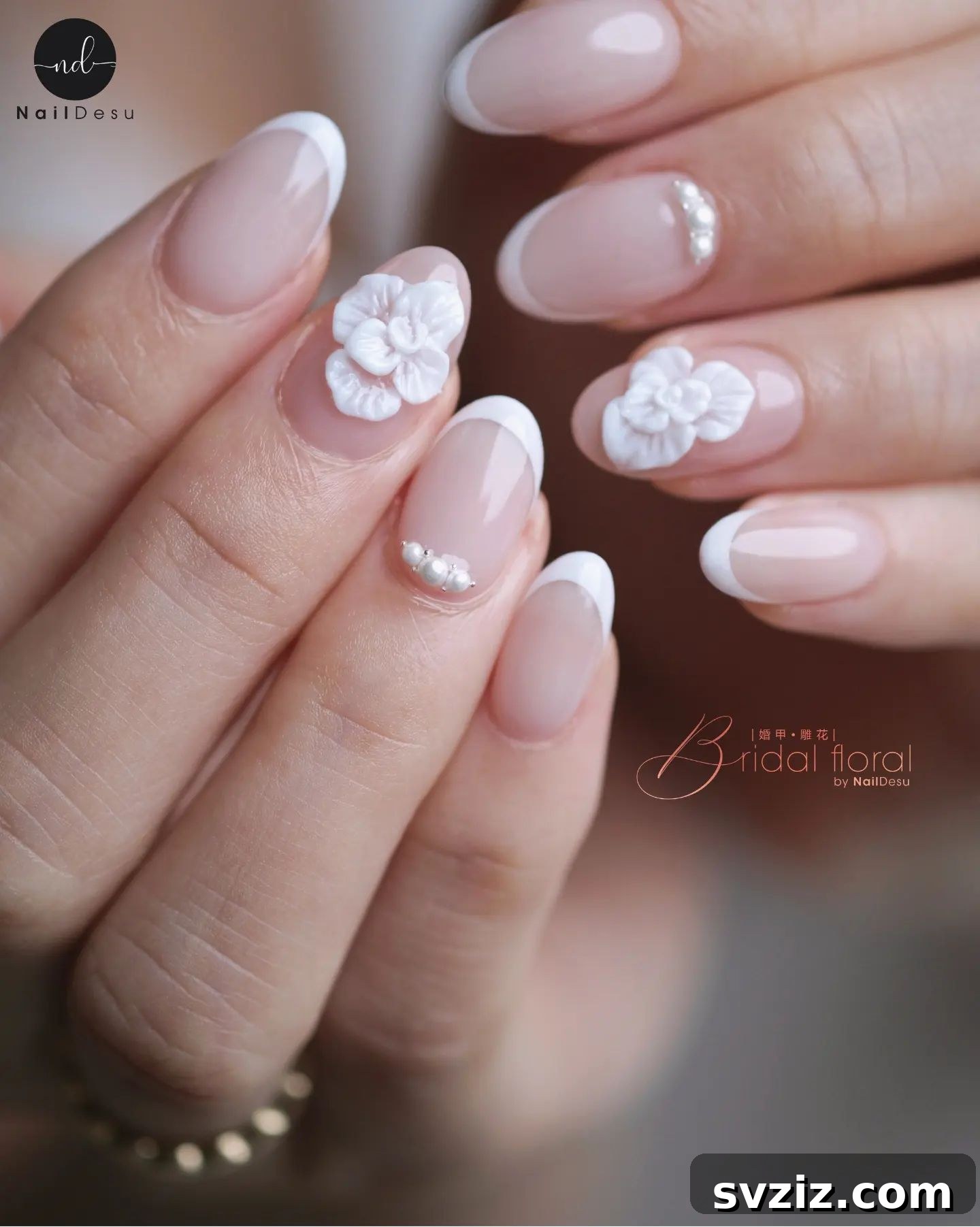 Stunning Bridal Nail Art Inspiration 25 Exquisite white flower nail art on a classic white manicure