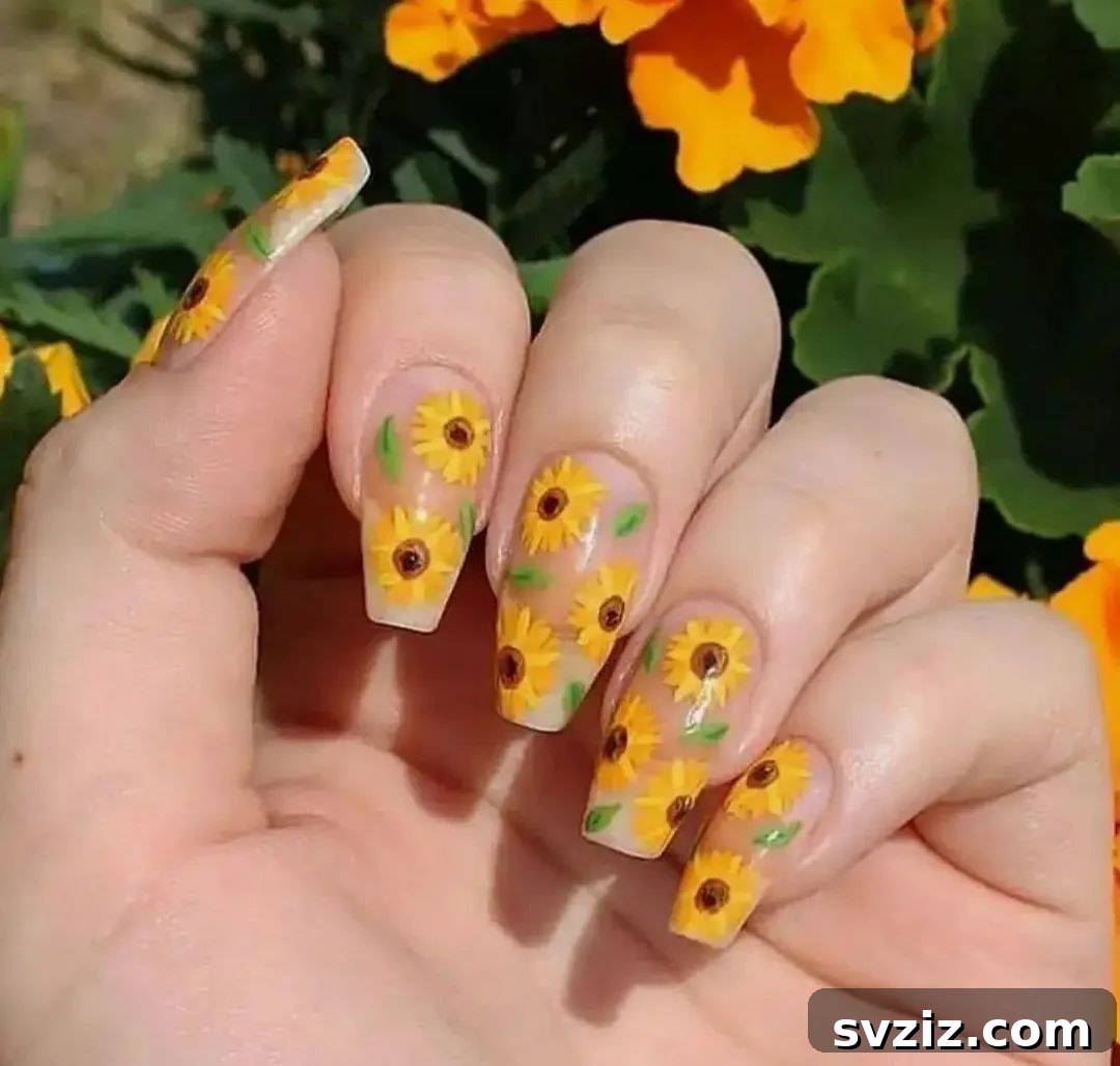 41 Stunning Floral Manicure Ideas to Blossom Your Look 17 Sunflower Nail Art
