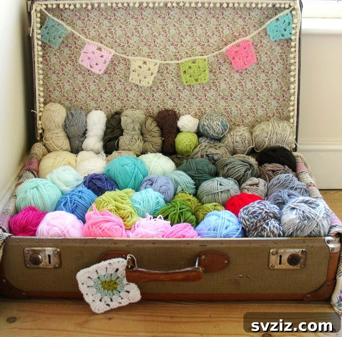 21 Ingenious Yarn Storage Solutions 11 An old suitcase repurposed for storing yarn, offering a unique and charming storage solution.
