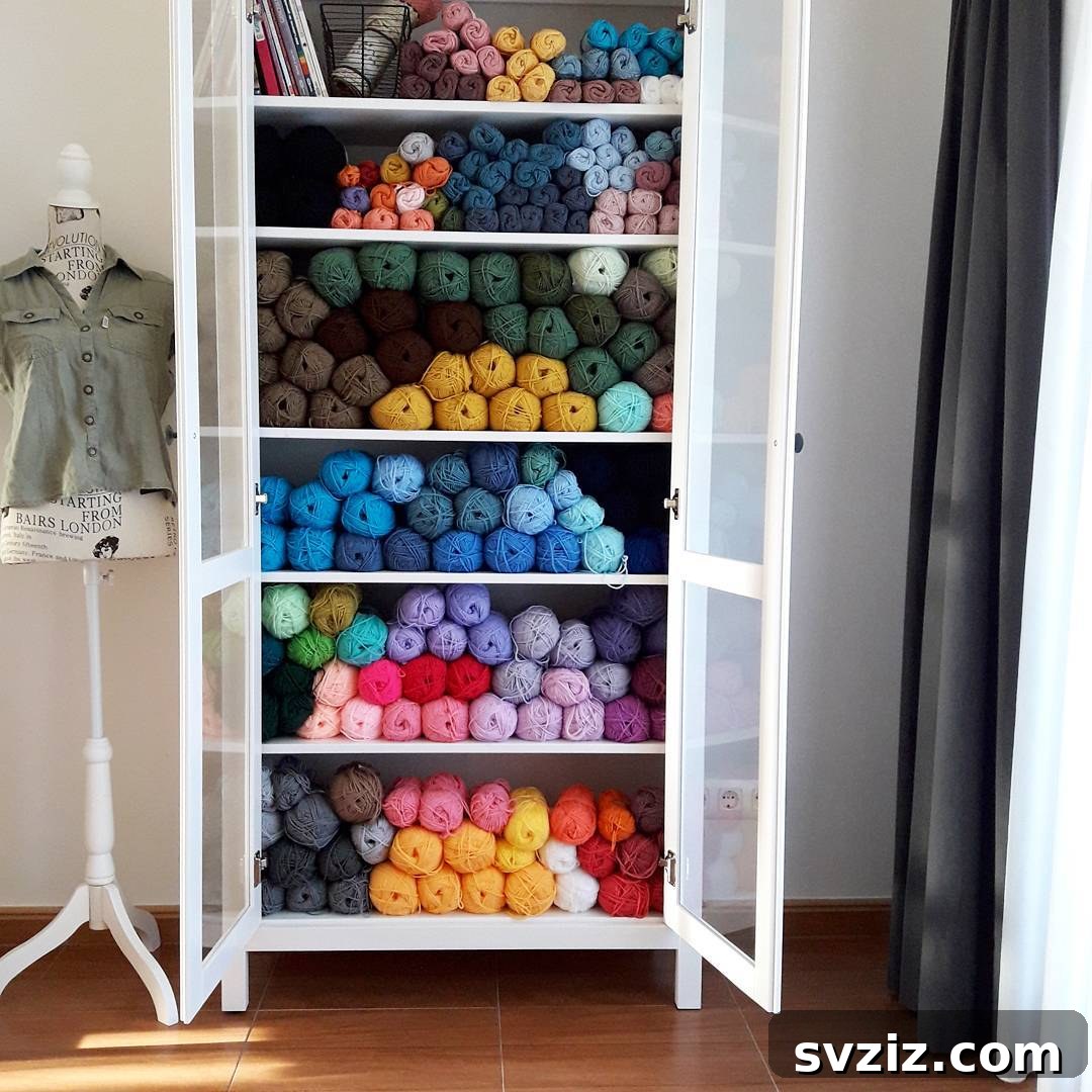 21 Ingenious Yarn Storage Solutions 13 A spacious yarn armoire with clear doors, beautifully displaying a large yarn collection.