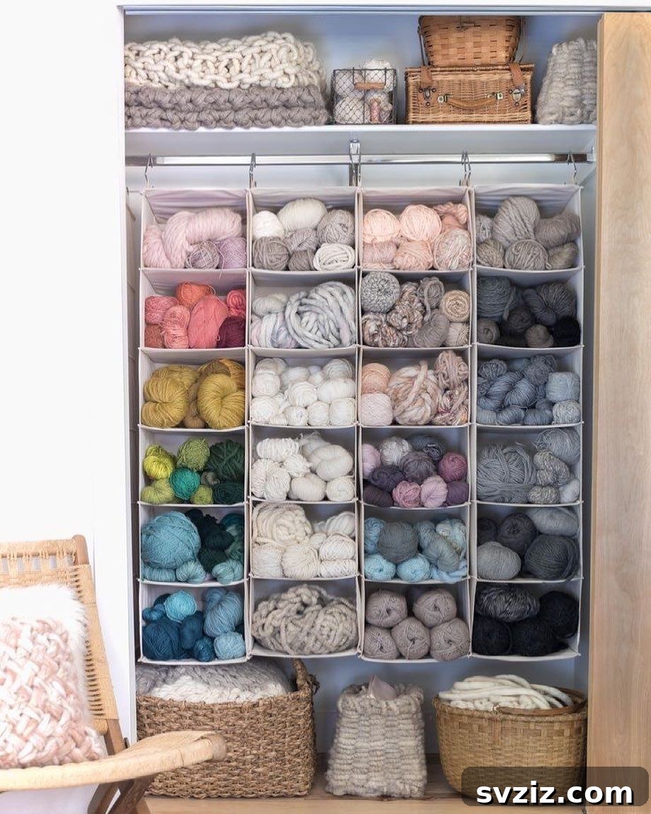 21 Ingenious Yarn Storage Solutions 15 A dedicated yarn closet with shelves, storing a large and organized yarn collection.