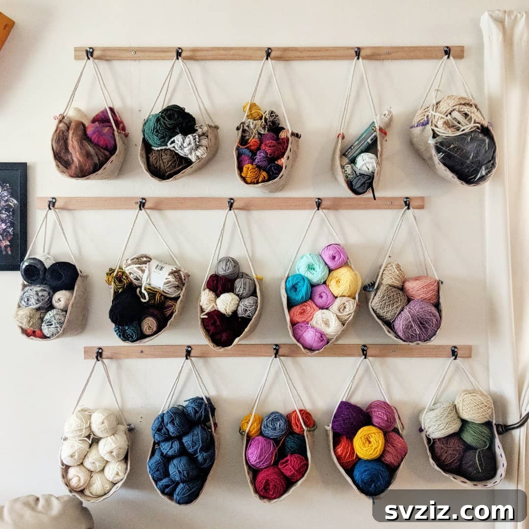 21 Ingenious Yarn Storage Solutions 20 A stunning hanging basket yarn wall, showcasing a bohemian and artistic display of yarn.