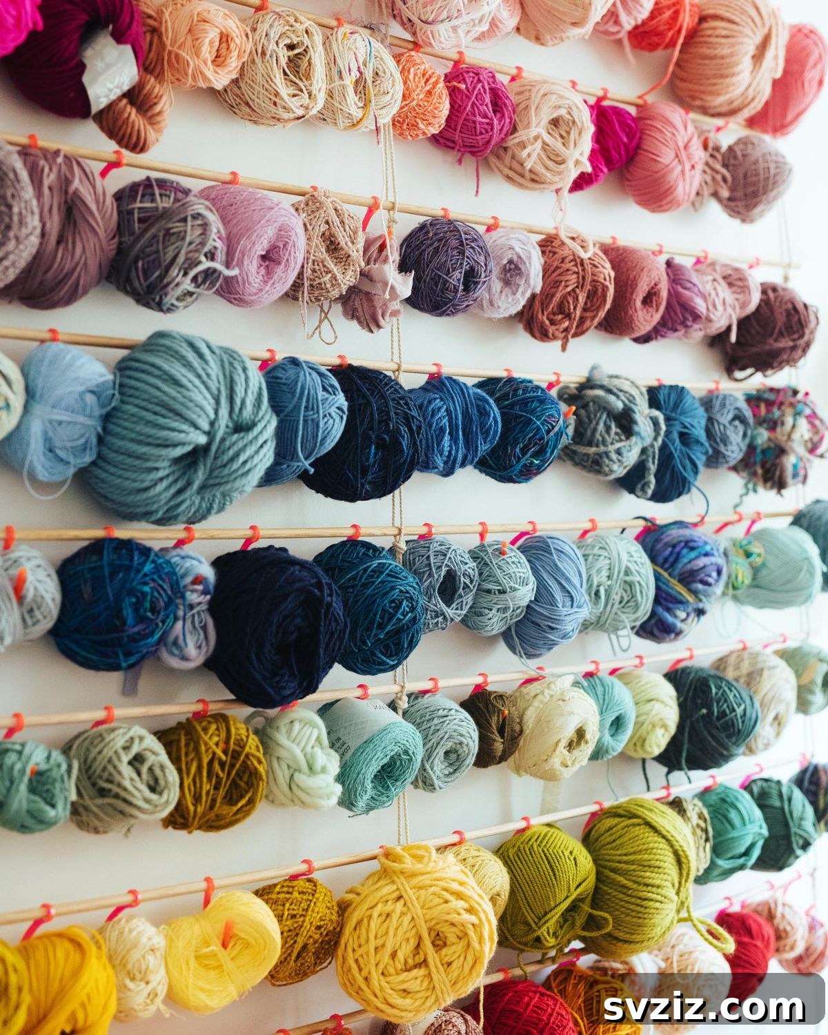 21 Ingenious Yarn Storage Solutions 3 Dowel and hooks system for displaying and storing yarn beautifully on a wall.