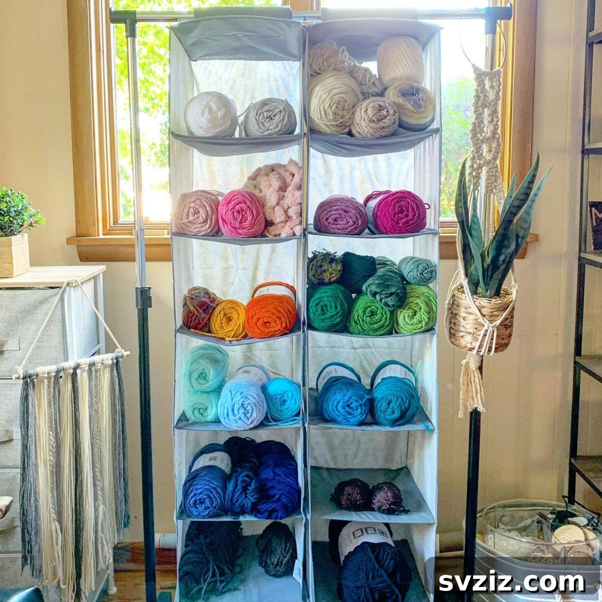 21 Ingenious Yarn Storage Solutions 23 A space-saving hanging yarn organizer with multiple compartments for various yarns.