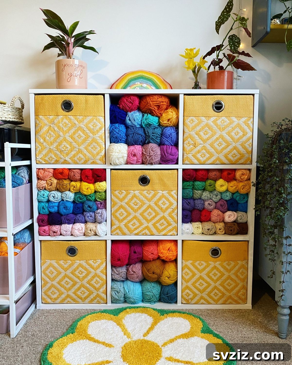 21 Ingenious Yarn Storage Solutions 9 A dedicated yarn shelving unit showcasing an organized collection of colorful yarn.