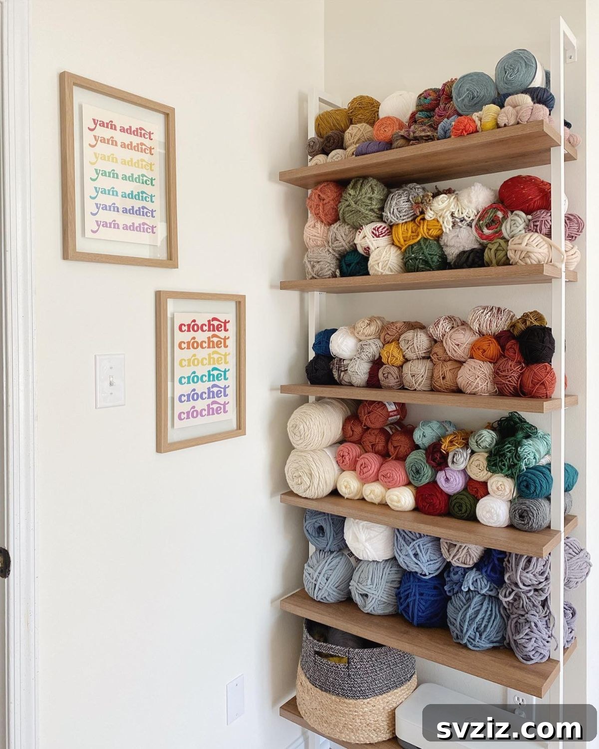 21 Ingenious Yarn Storage Solutions 10 A stylish yarn ladder bookcase filled with a beautiful assortment of yarn.