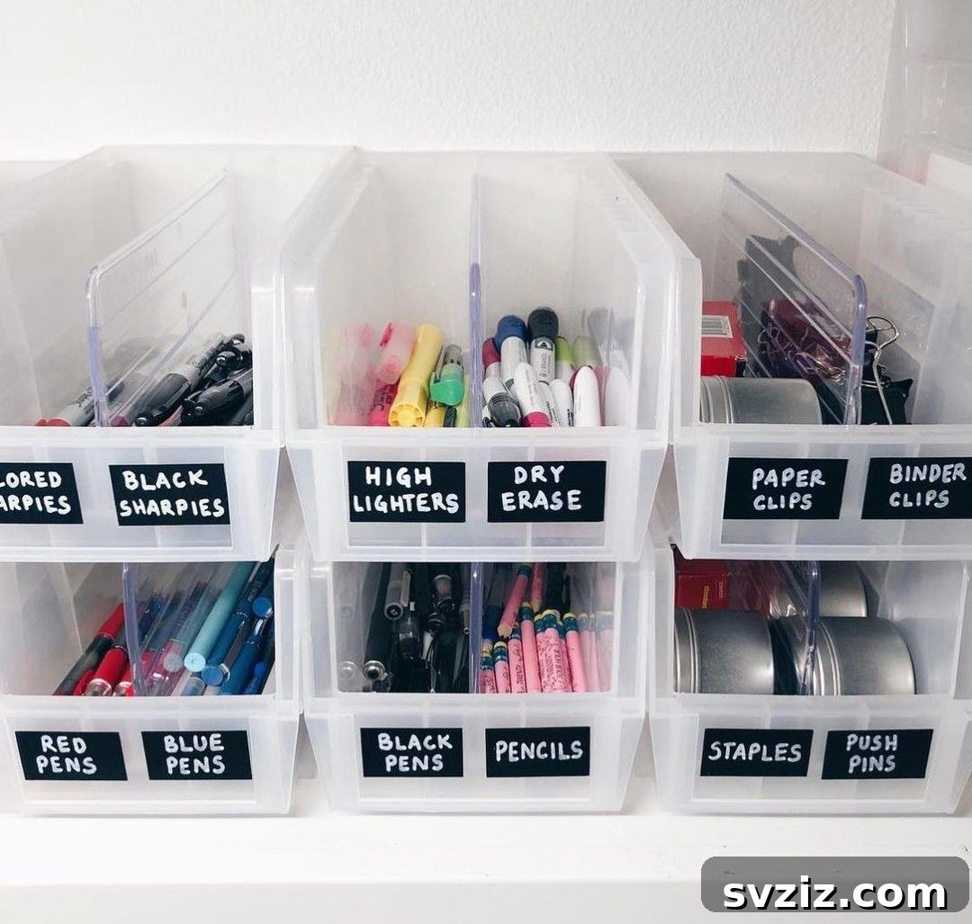 Unlock Creativity: Smart Organization for Your Art Studio 15 Stationery organizers in an art room, neatly containing essential supplies like bulldog clips, Sharpies, and staplers. These compact storage solutions keep necessary tools in order, preventing clutter and ensuring quick access during art projects.