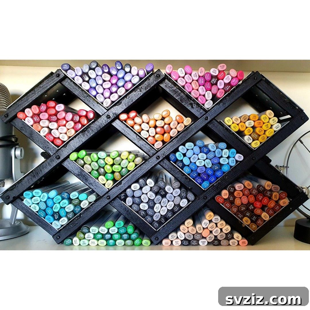 Unlock Creativity: Smart Organization for Your Art Studio 16 A diamond pen organizer showcasing various colored markers, serving as both a functional storage solution and a decorative focal point in an art room. Its multi-section design allows for efficient organization of different pen colors, adding brightness and order.