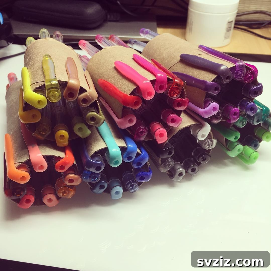 Unlock Creativity: Smart Organization for Your Art Studio 21 DIY toilet roll pen organizer, a creative and cost-effective solution for storing gel pens and other art supplies by color. This sustainable art room hack encourages resourcefulness, transforming cardboard tubes into functional and organized pen holders.