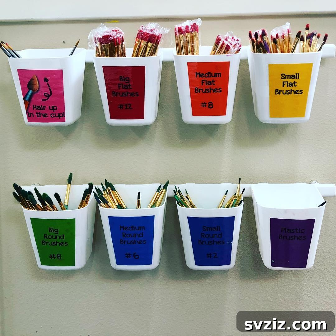 Unlock Creativity: Smart Organization for Your Art Studio 5 Hanging brush buckets for efficient art room storage, keeping various types of paint brushes organized and easily accessible. This space-saving solution is perfect for maximizing counter space in an art classroom, promoting order and accessibility.