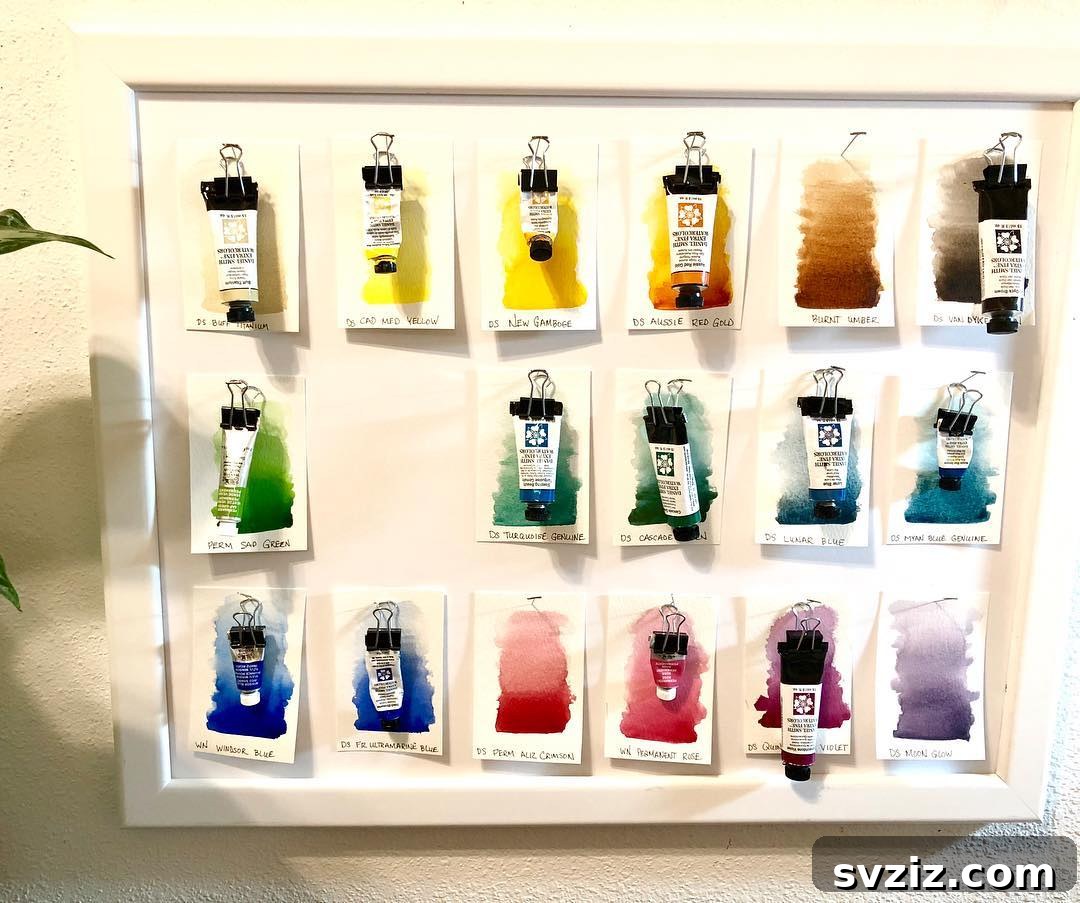 Unlock Creativity: Smart Organization for Your Art Studio 10 A watercolor organizer system using bulldog clips and color-coded cards for paint palette organization. This method allows for clear visibility of watercolor shades, making it easy for artists and students to select and manage their paint collection efficiently.