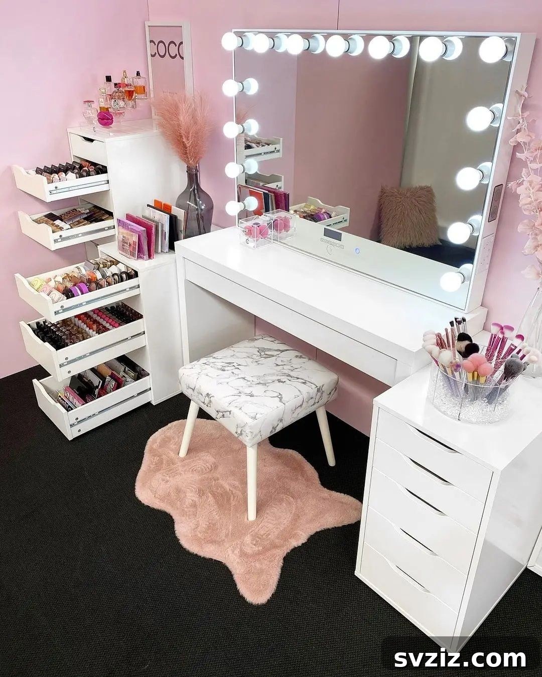 21 Ingenious Vanity Organization Hacks for a Tidy Space 13 Tall pull-out storage unit filled with a large makeup collection, neatly organized in clear containers.