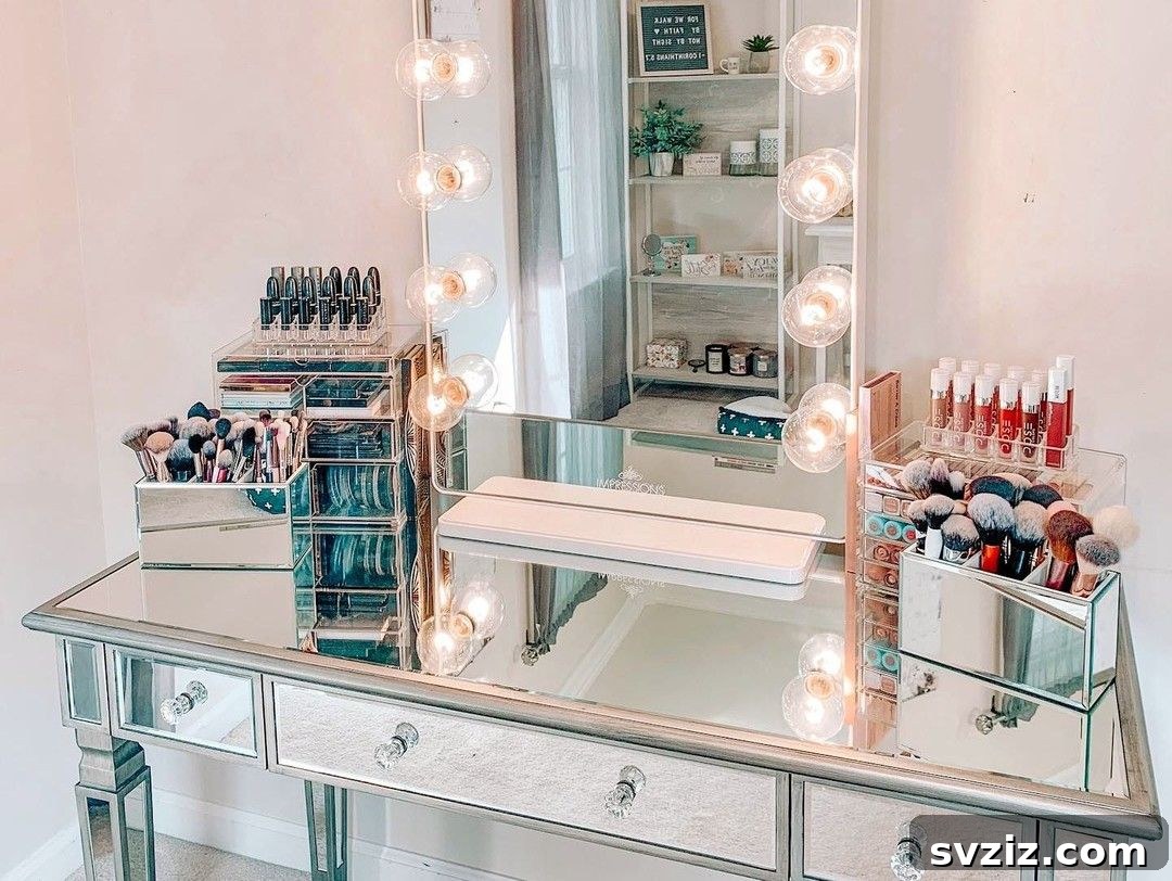 21 Ingenious Vanity Organization Hacks for a Tidy Space 17 Makeup brushes stored upright in clear containers on a vanity, promoting air drying.