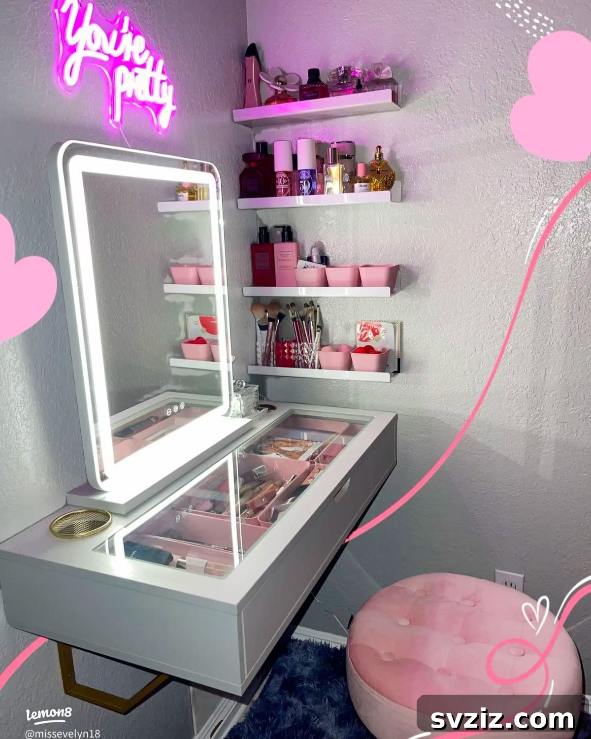 21 Ingenious Vanity Organization Hacks for a Tidy Space 20 A modern vanity desk with a clear glass top, revealing neatly arranged makeup and beauty products stored beneath.