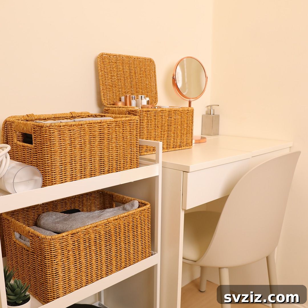 21 Ingenious Vanity Organization Hacks for a Tidy Space 21 Open shelving vanity with various sizes of wicker baskets used for organizing towels and beauty products.