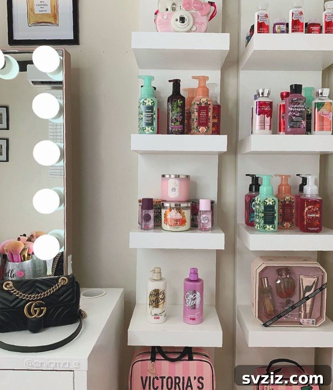 21 Ingenious Vanity Organization Hacks for a Tidy Space 8 Wall-mounted shelving unit above a vanity, used for organizing beauty products and small bags.