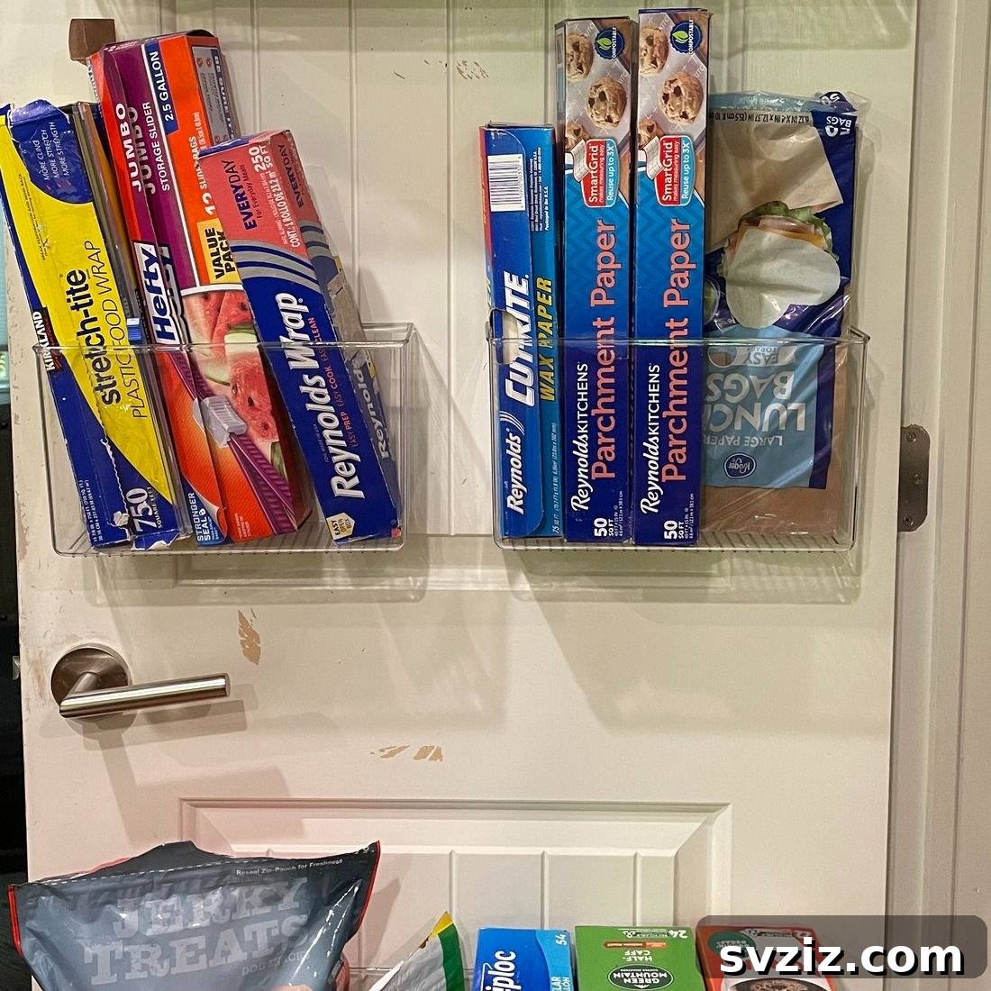 21 Genius Vertical Pantry Hacks for Ultimate Organization 12 Customizable plastic pantry buckets for organizing non-edible consumables and cleaning products on a pantry door.
