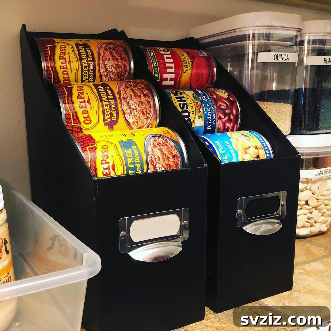 21 Genius Vertical Pantry Hacks for Ultimate Organization 16 Innovative stackable can storage using repurposed magazine holders to organize canned goods vertically in a pantry.