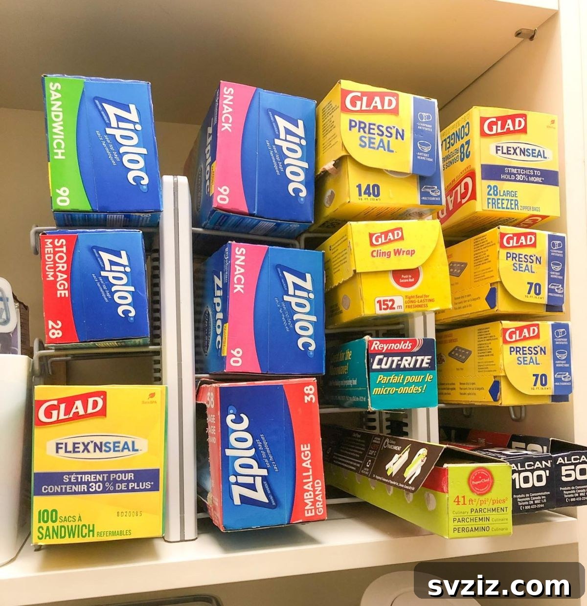 21 Genius Vertical Pantry Hacks for Ultimate Organization 19 Adjustable organizers on the lower pantry shelf, ideal for storing surplus essentials like foil and wrap, maximizing space.