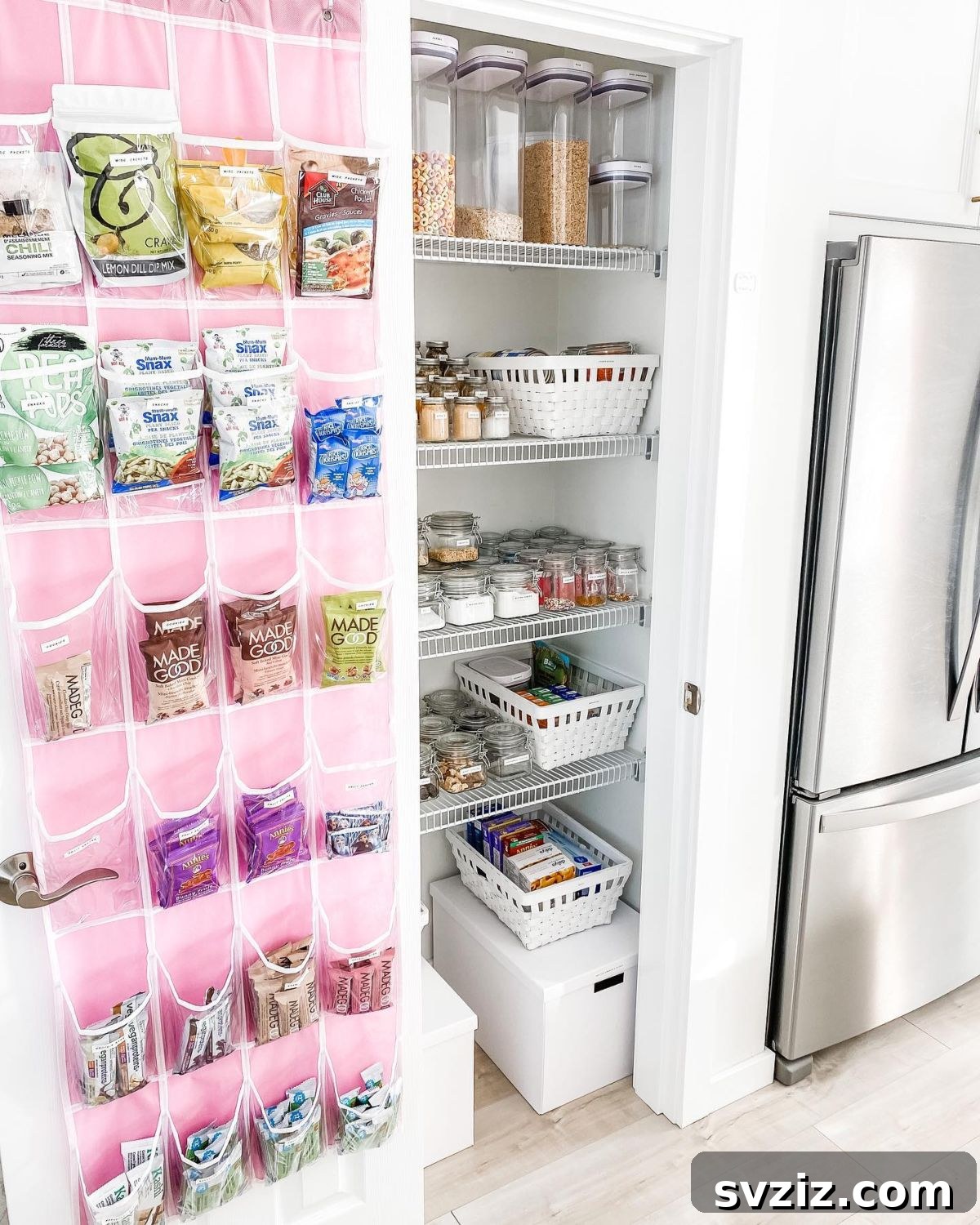 21 Genius Vertical Pantry Hacks for Ultimate Organization 3 Smart hanging snack storage solution using an over-the-door organizer for vertical pantry space optimization.