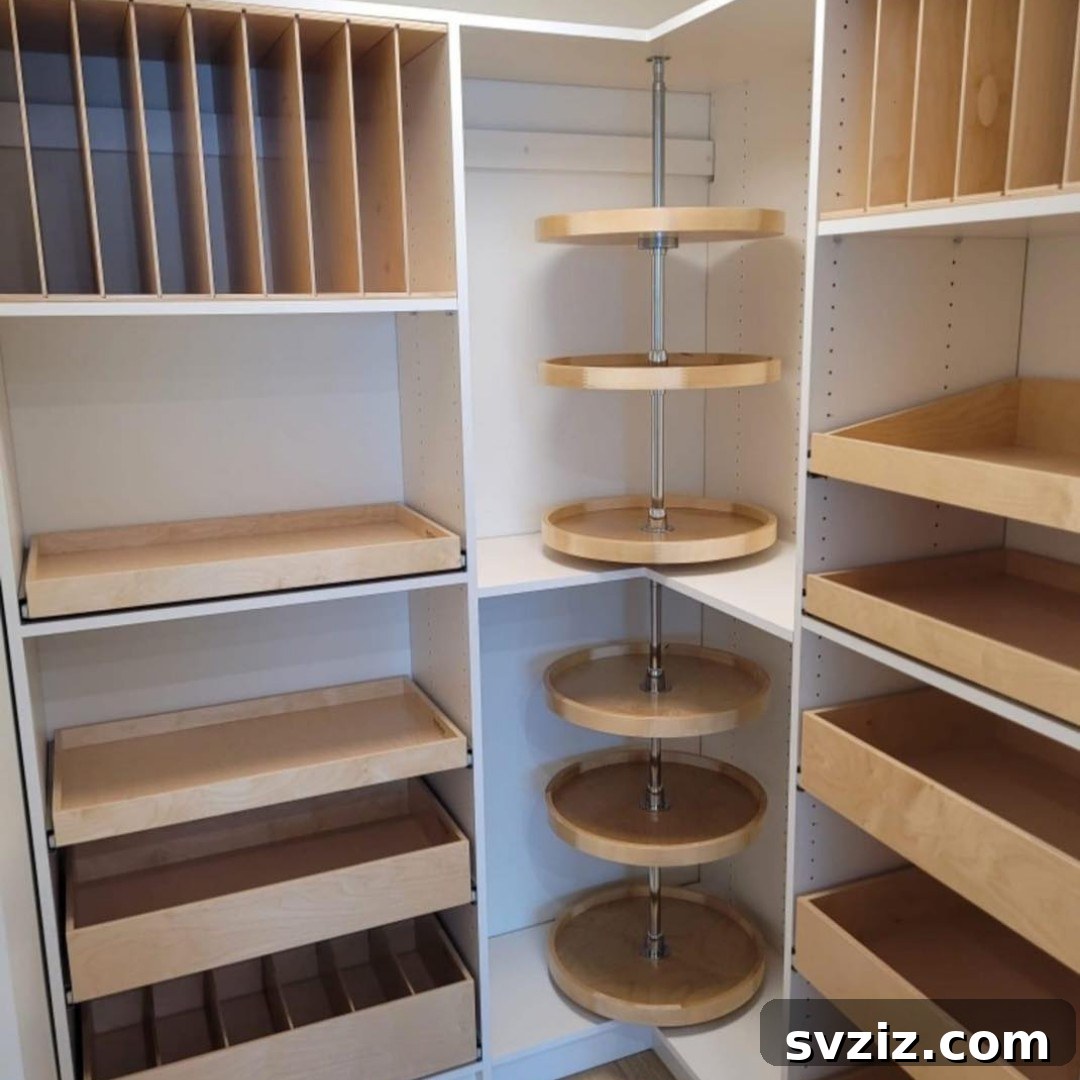 21 Genius Vertical Pantry Hacks for Ultimate Organization 4 Innovative Lazy Susan tower for vertical pantry storage, providing easy access to condiments and spices with a rotating design.