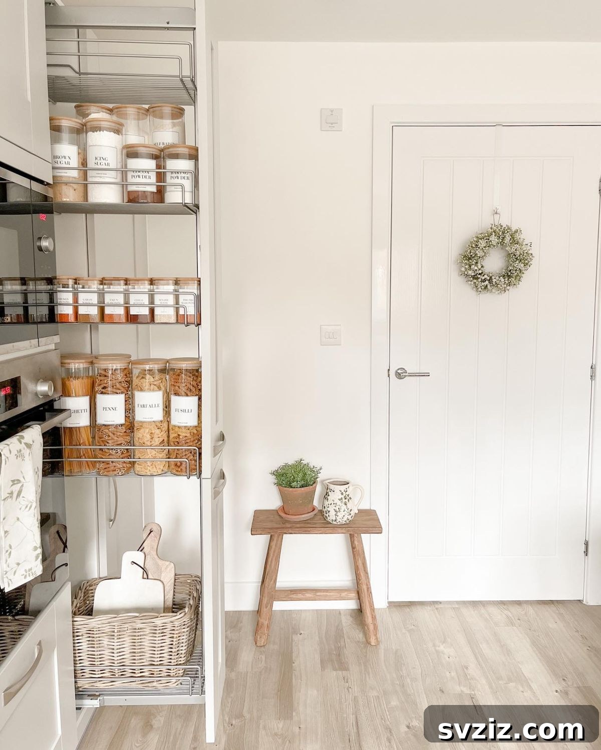21 Genius Vertical Pantry Hacks for Ultimate Organization 5 Efficient pull-out dry storage system in a pantry, maximizing depth and making items at the back easily reachable.