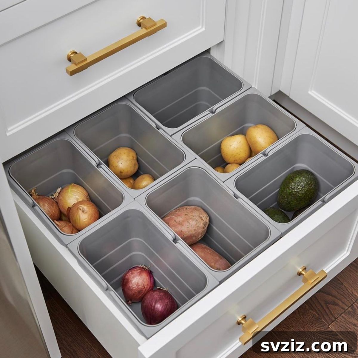 Fresh produce neatly stored in a pullout drawer with inserts