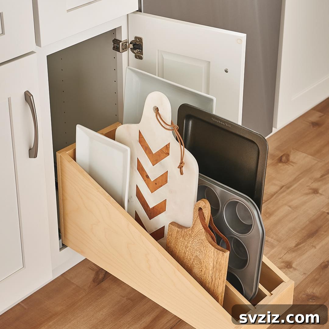 Vertical cutting board pullout storage in a kitchen cabinet